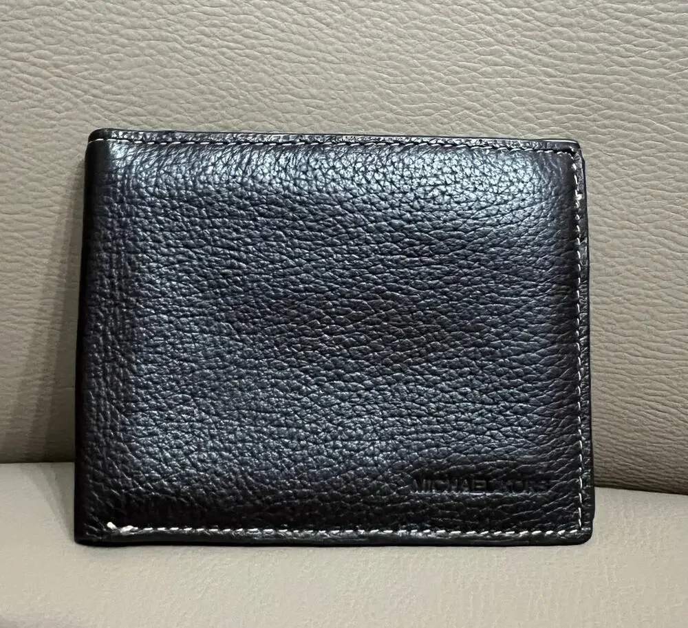 Michael Kors Mens Wallet Brown Pebbled Leather Bifold Embossed Logo